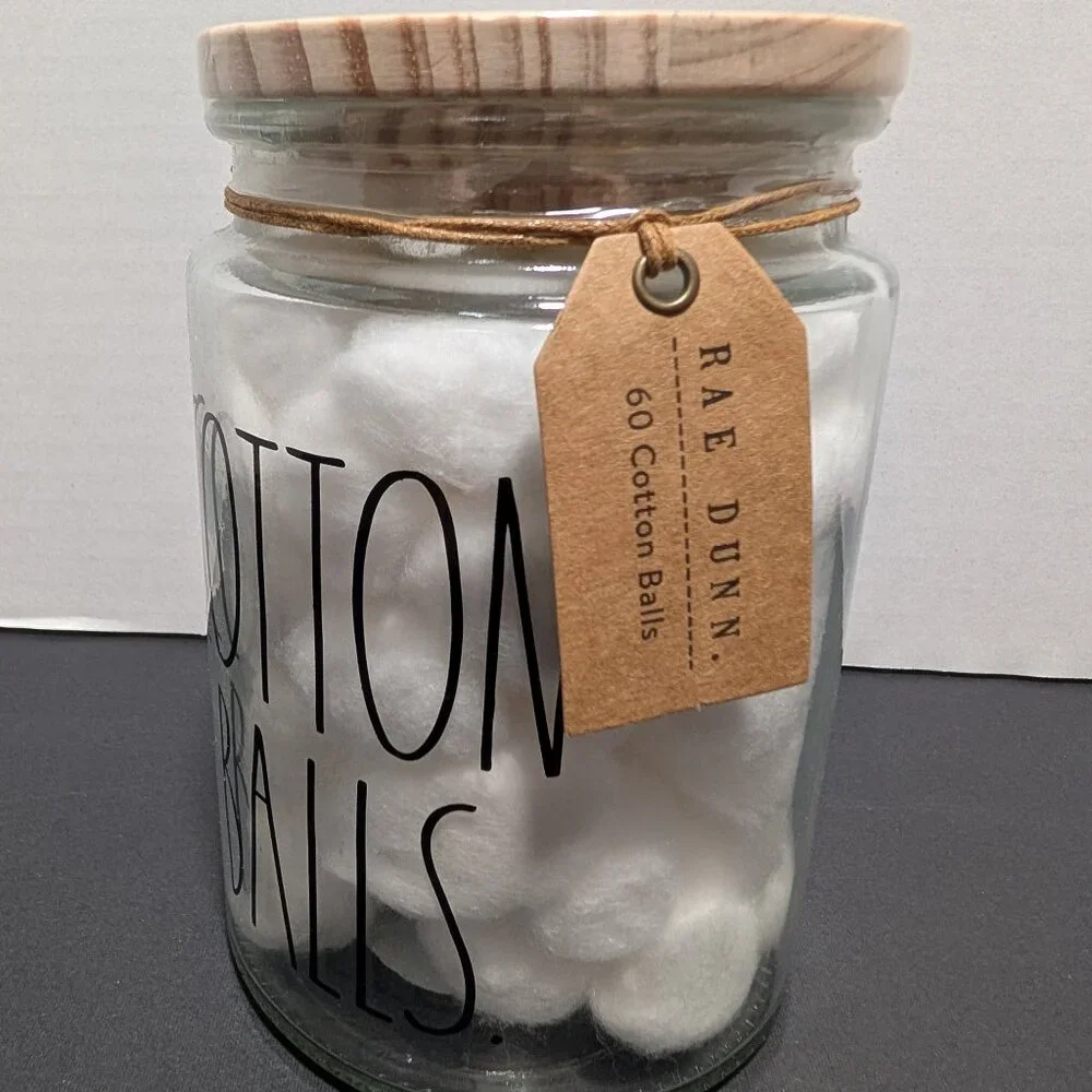 Rae Dunn 2020 Cotton Balls Clear Glass Jar Wooden‎ Lid New Bathroom Canister